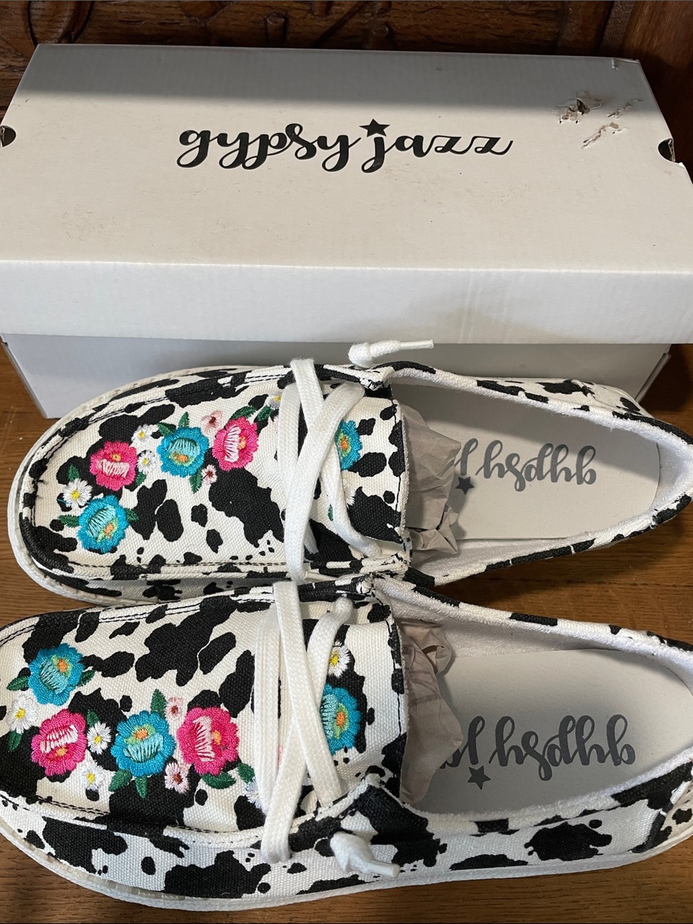 Gypsy Jazz Cow Print Canvas Shoes with Pink & Teal Floral Embroidery - Picture 3 of 6
